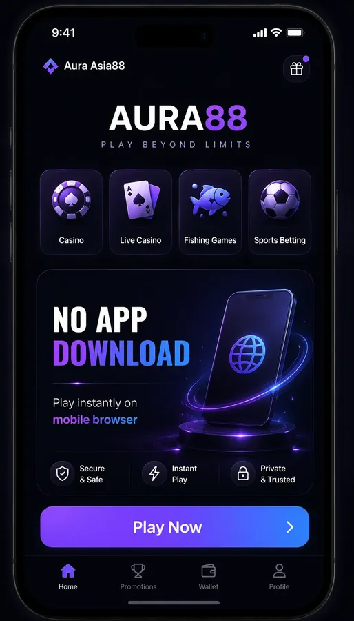 Aura Asia88 mobile browser interface showing no app download is required
